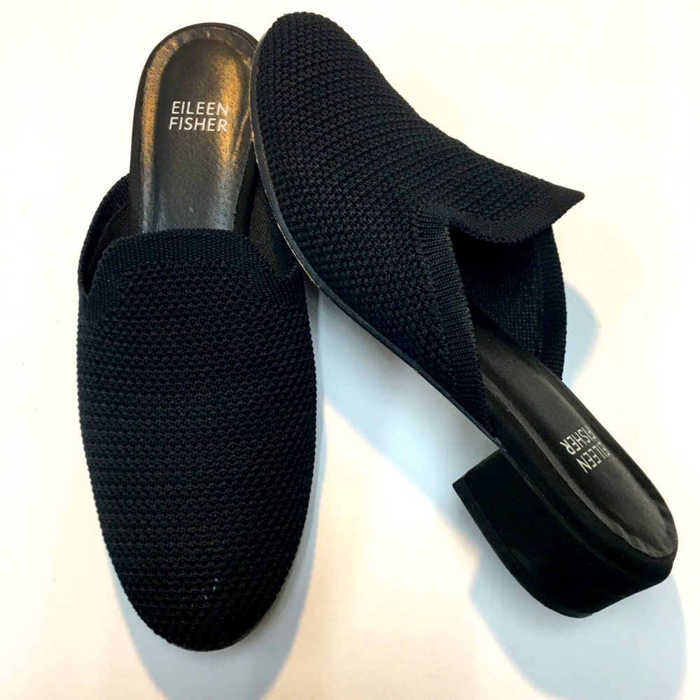 Eileen Fisher Betsy Knit Slip On Slides Mules 6.5 Black Minimalist Classic
